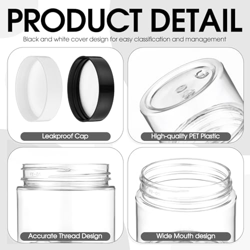 Meanplan 100 Pcs 2 oz Plastic Container Jars Clear Round Cosmetic Container with Lids, Plastic Jars with Screw Lids for Travel Storage, Kitchen Use, DIY Crafts(Black, White,PP)3