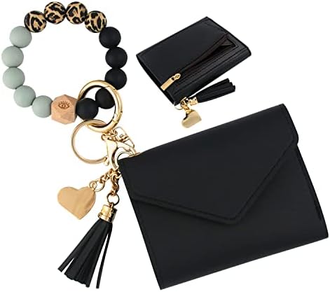 VIQWYIC Wristlet Bracelet Keychain with Wallet for Women, Silicone Beaded Keychain Bangle Car Key Rings Card Holder (R Zipper)