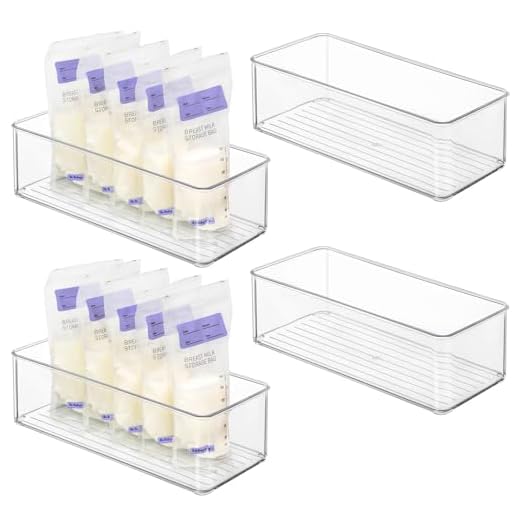 Hudgan 4 Pcs Storage Container Breastmilk for Fridge, Clear Organizer Bins for Milk Bags, Plastic Storage Bins for Freezer, Pantry, Bottles Bathroom, Vanity, Drawer and Yogurts