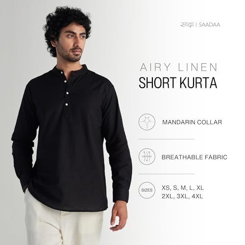 Image of SAADAA Men's Short Kurta - Linen Cotton Blend, Airy Fabric, Regular Fit, Mandarin Collar, Solid Color - Casual, Festive & Ethnic Wear