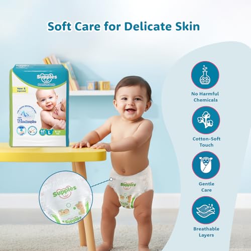 Image of Amazon Brand - Supples Premium Baby Diaper Pants | 62 Baby Diapers | Large | 9-14 Kg | 12 Hrs Absorption | Cushiony Cotton Soft Fabric | Phthalates-Free | Triple Leak Guard