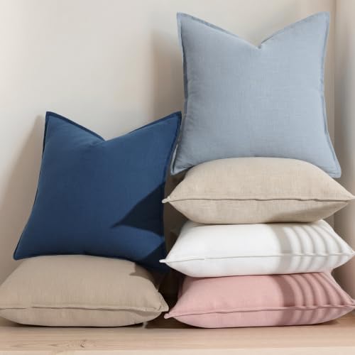 Image of decorUhome Decorative Linen Throw Pillow Covers 12x20 Inch Set of 2 Blue Lumbar Neutral Pillow Covers with Flange Edges Soft Farmhouse Boho Accent Pillow Cases for Couch Bed Living Room