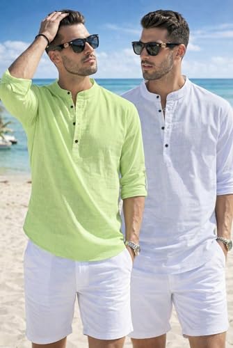 Image of Men's Cotton Blend Straight Kurta Shirt Combo with Mandarin Collar - Slim Fit Casual Short Kurti Set Featuring Textured Slub Fabric and Roll-Up Full Sleeves