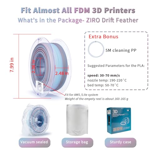 Image of ZIRO Fast Color Changing PLA, Matte Multi Colors Filament 1.75mm, No-Shine Rainbow 3D Printer Filament, Fit Most 3D Printers, 1KG / 2.2lbs Gradient Spool, Drift Feather