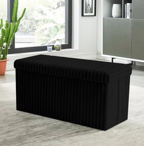 Artistic Fashionista Limited Ottoman Storage Box CORDUROY Folding Footstool Rest Seat Storage Stool Toys Chest Bench Blanket Linen Laundry Box (Black Large - 76x38cm)