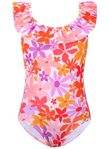 Image of XiaoMoSha Girls Swimsuits Ruffled Round Neck One Piece Bathing Suits Quick Dry UPF 50+ Summer Hawaii Swimwear for Kids 3-10T