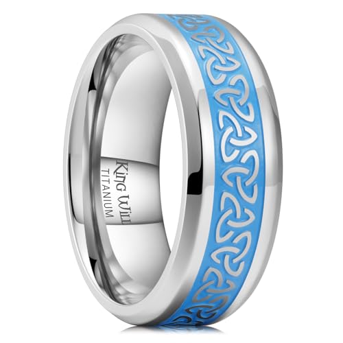 King Will 8mm Titanium Wedding Band For Men - Silver Polished Beveled Edges Blue Celtic Knot Fashion Wedding Ring For Daily Wear Comfort Fit,Hypoallergenic Size 9.5