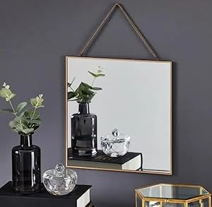IAC Crafteriaaa 11 inches Square Shape Hanging Vintage Wall Mirror with Brass Border Wall Hanging Mirror with Chain | Decorative Mirror for Wall Living Room Bedroom & Bathroom Mirror