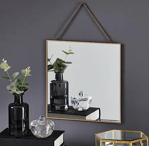 Image of 11 inches Square Shape Hanging Vintage Wall Mirror with Brass Border Wall Hanging Mirror with Chain | Decorative Mirror for Wall Living Room Bedroom & Bathroom Mirror