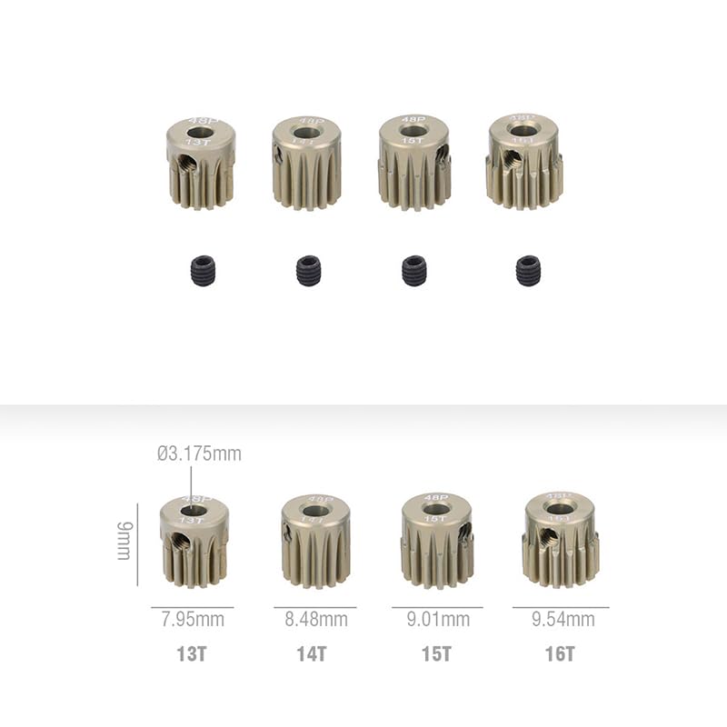 4pcs Set 48P Hardened Aluminum Alloy Pinion Gear Assortment with Hex Key, for Arrma HPI Kyosho Losi Axial Traxxas Tamiya Associated 1/10 RC Car/Truck, 3.175mm Shaft Motor Gear (13T-14T-15T-16T)