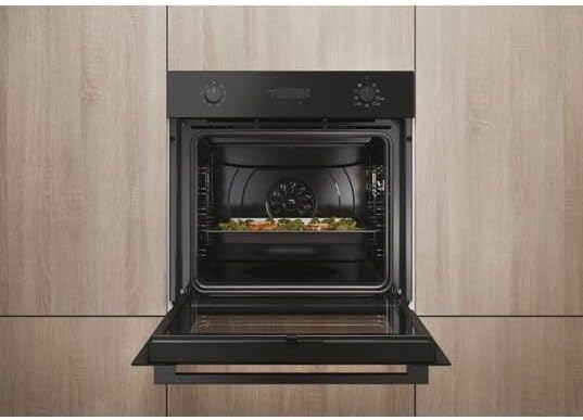 ROSIERES oven installed in a modern kitchen cabinet, door open with food inside