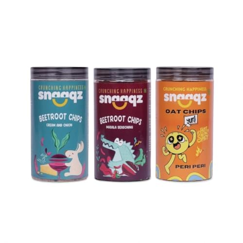 Image of Snaaqz Supergrain Snacks Combo 450g | Beetroot Chips Cream & Onion, Beetroot Masala Chips & Peri Peri Oat Chips | Pack of 3 | High Protein | Baked & Crunchy | Vegetarian | Low-Calorie | Healthy Snacks for Adults & Kids