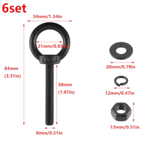 Image of Antrader Lifting Shoulder Eye Bolts,M8 Eye Bolt,M8 x 50mm,Black,6 Sets | Stainless Steel Eyebolts with Lock Nuts,Lock Washers,Flat Washers