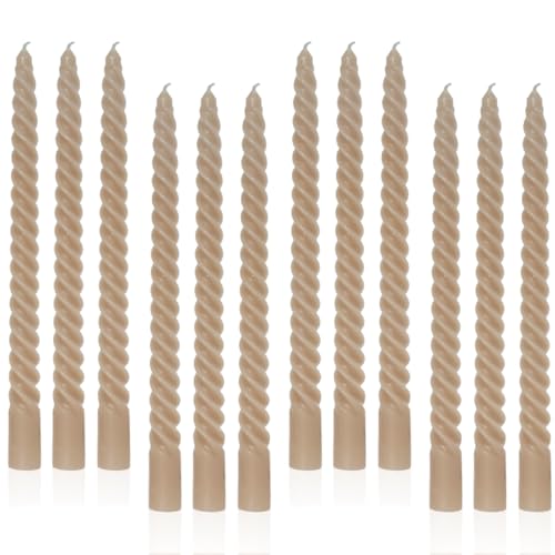 LPUSA Sahara Beige Taper Candles Brown Spiral Candle Sticks,Unscented Dripless Long Candlesticks for Holiday,Wedding and Fall Decoration,10inch,12 Pack,E