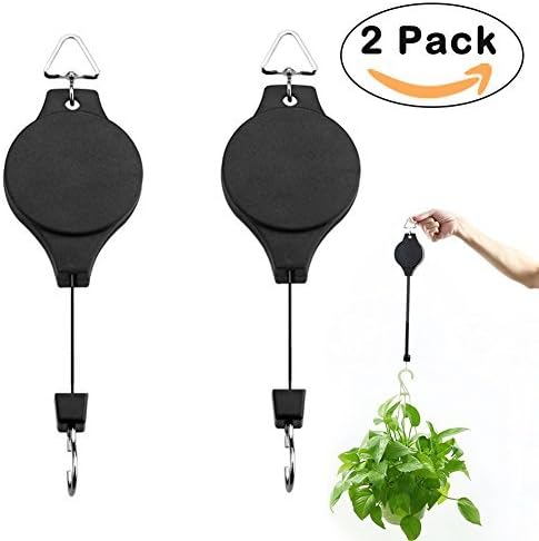 YBLNTEK 2 Plant Pulley Retractable Hanger Hanging Planters Flower Basket Hook Hanging Garden Baskets Pots and Birds Feeder Pull Down Plant Hanger with 2 Large Screw Hooks Ceiling Hooks