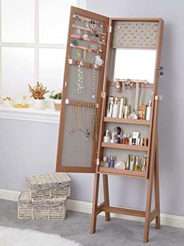 LUXFURNI Mirror Jewelry Cabinet Armoire with 3-Way Mount, Standing, Wall or Door Mounted, Jewelry Organizer with Full-Length Mirror, Lockable, Large Storage, Orange