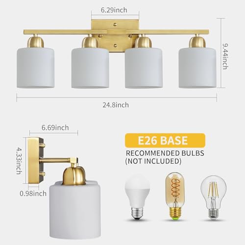 4 Light Gold Light Fixture Bathroom, Brushed Gold Vanity Light with Milky White Frosted Glass Shades, Lights for Bathroom Mirror for Livi...