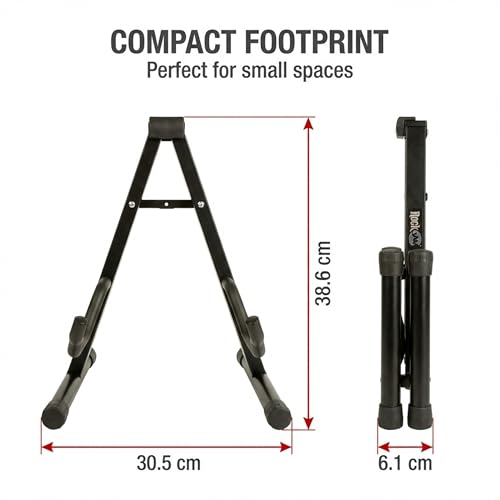 Image of RockJam A Frame Folding Guitar Stand with Cushioned Arms | Folding A frame guitar stand with soft foam arms and neoprene padding for acoustic, electric and bass guitars
