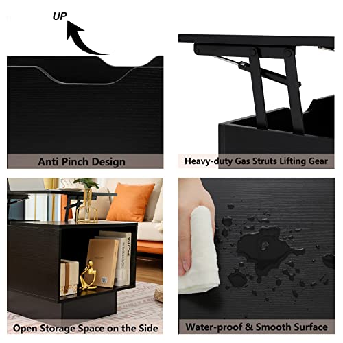 Usikey Lift Top Coffee Table, Coffee Table With Large Hidden Compartment & Side Open Shelf, Modern Wooden Central Folding Table, Rising Tabletop Dining Table For Living Room, Office(Black) #TOP4