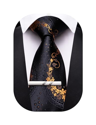 Barry.Wang Black Gold Ties for Men Floral Tie Necktie and Tie Clip Wedding Business Flower Formal