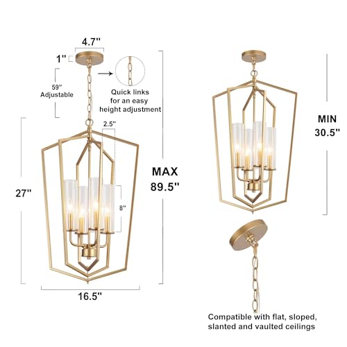 KSANA Gold Chandeliers, Geometric Lantern Pendant Chandelier with Seeded Glass, Modern 4 Light Chandelier Light Fixture for Kitchen Island, Entryway, Foyer by KSANA - Image 5