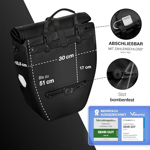 Valkental® Große & wasserdichte Gepäckträgertasche - Fahrradtasche für Gepäckträger mit großen Reflektoren [Abschließbar] Bombenfester Sitz - Mehrfach ausgezeichnet - Gefertigt für Langlebigkeit