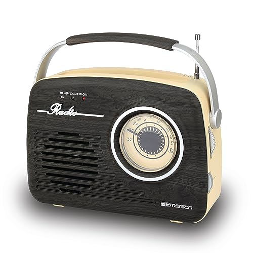 Emerson EAS-3002 Portable Bluetooth Retro Radio with AM/FM Tuner, USB/AUX Inputs, Built-in Rechargeable Battery, and Carrying Handle, Espresso