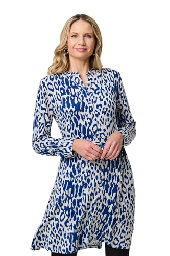 Izabel London Animal Print Long Sleeve Short Shirt Dress for Women UK with a tie Waist, Made from Viscose Blend. Blue