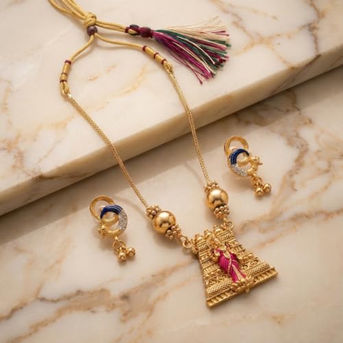 Image of Traditional Gold-Plated Lakshmi Temple Pendant Necklace Set for Women | Antique South Indian Jewelry with Jhumka Earrings | Ethnic Bridal, Wedding & Festive Jewelry Set