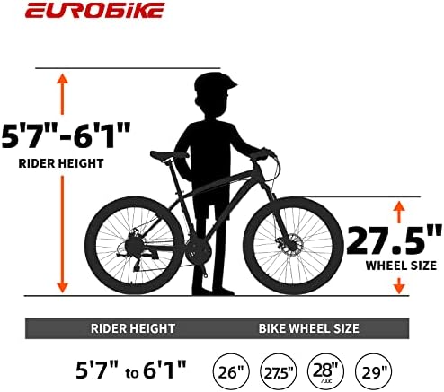 Eurobike Mountain bike, 27.5 mens mountain bikeDaul Disc Brakes 21 Speed, Mens Bicycle,Front Suspension MTB,27.5" For Adult,Men/Women