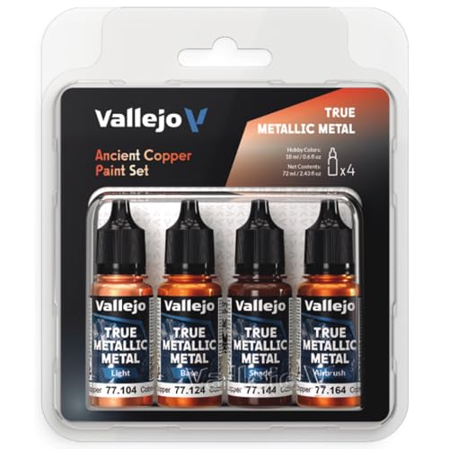 Vallejo Pintura True Metallic Metal Ancient Copper Set de 4 Colores para Pintura de Metales, Incluye BASE, LIGHT, SHADE y AIRBRUSH, Sistema BSL, Resultados Consistentes