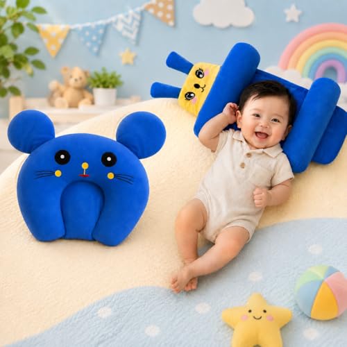 Image of Baby Pillow Combo Set for Newborns & Infants | Toddler Pillow Head Support Cushions with Plush Side Rollers for 0-12 Months (Dark Blue)
