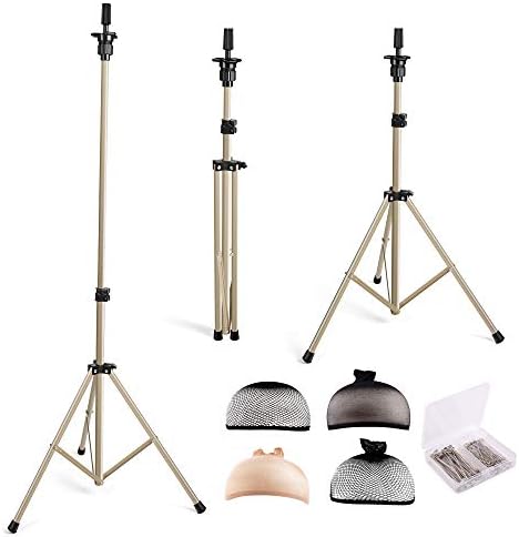 HYOUJIN Wig Head Stand Tripod Mannequin Head Stand Metal Adjustable Holder for Mannequin Head,Manikin Head,Training Head,Canvas Block Head with Wig Caps,T-Pins,Carry Bag(Gold)