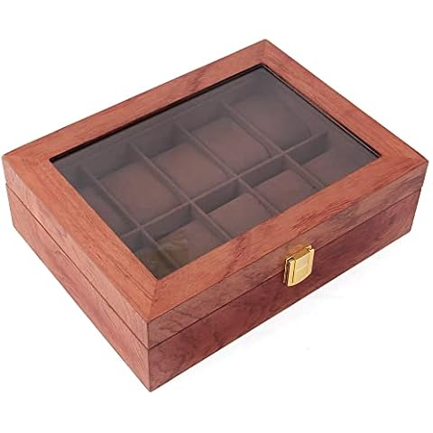SHZICMY 10-Slot Wooden Watch Box, Watch Holder with Glass Lid, Watch Case with Removable Watch Pillow, Velvet Lining, Metal Clasp, Watch Display Case for Men & Women Watch Gift Box Cover