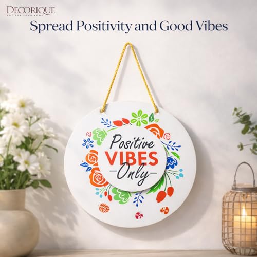 Image of DECORIQUE Positive Vibes Only MDF Wall Hanging Home Decor Round Decorative Sign for Living Room Bedroom Office Entryway Interior Wall Decoration
