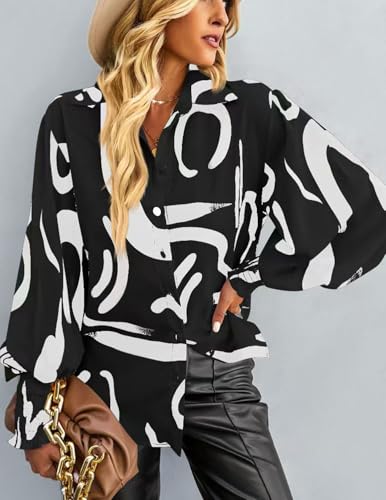 Long Sleeve Button Down Shirts for Women Dressy Casual Blouses Oversized Floral Tops with Lantern Sleeve3