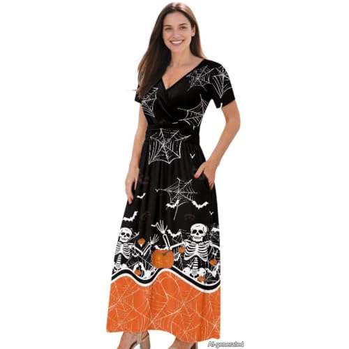 Image of Women's Fall Summer Short Sleeve Ankle Length V-Neck Party Dress with Pockets Size S-3XL