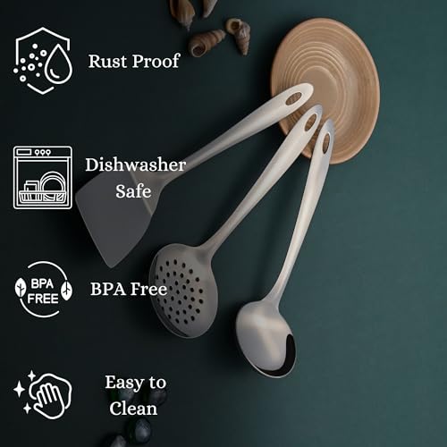 Image of Montavo by FnS 3 Pieces Stainless Steel Serving Tools Set, Gravy Ladle, Solid Turner & Skimmer Turner, Mirror Finish Food Grade Kitchen Serving Utensils for Home, Cooking & Dining