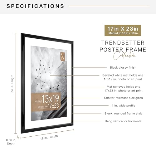 Image of MCS Trendsetter Poster Frame With Mat Option, 17x23 Matted to 13x19, Black | Trendsetter Poster Frame For Photos, 17x23 Inch, Displays 13x19 Inch Matted Or 17x23 Unmatted, Black, 1-Pack