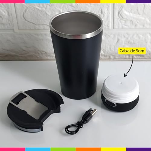 Copo Termico Inox 500 ml com com Alto Falante Bluetooth e Leds RGB Tampa Abridor de Cerveja (Preto)
