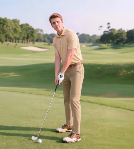 Image of Golf Shirts for Men - Dry Fit Moisture Wicking Short Sleeve Performance Sport Casual Striped Collared Mens Polo Shirt