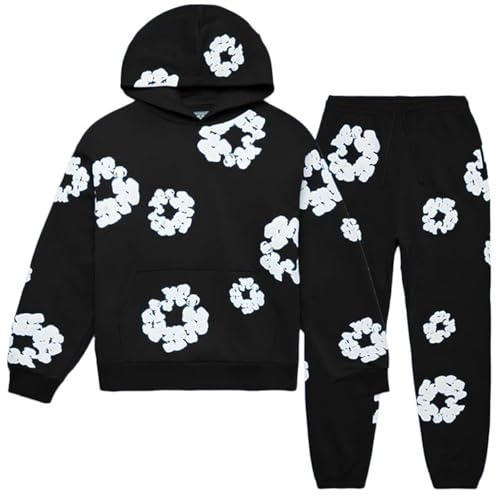 Kapok Floral Print Sweatsuit Set for Men - 2 Piece Hoodie and Jogger Tracksuit Graphic Loungewear & Streetwear (Large, A01-Black)