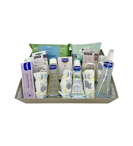 MomentosGourmet - Canastilla Bebé Recién Nacido | Incluye Gel, Champú, Colonia y Más | Chupete y Broche Suavinex 0-6 Meses | 12 Pañales Dodot Talla 2