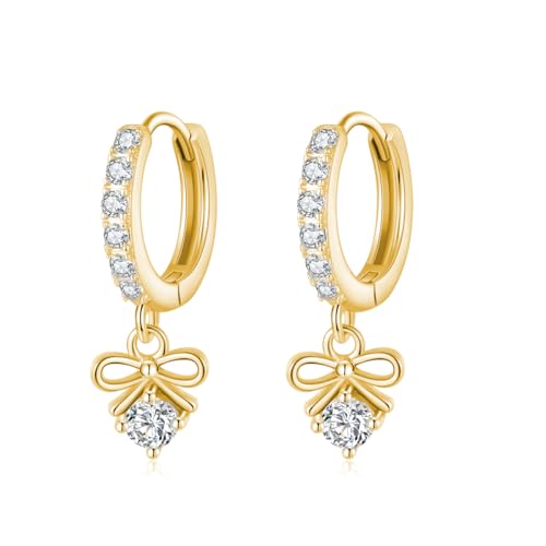 SLUYNZ Sterling Silver CZ Bowknot Hoop Earrings for Women Teens Small Bow Hoop Earrings Huggie Drop