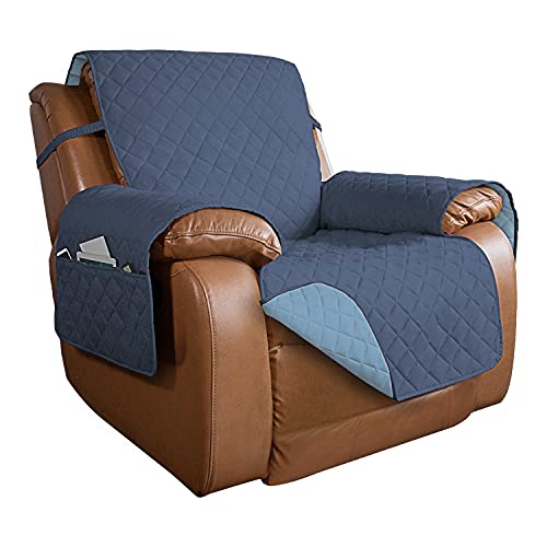 Image of PureFit Reversible Quilted Sofa Cover, Water Resistant Slipcover Furniture Protector, Washable Couch Cover with Non Slip and Elastic Straps for Kids, Dogs (Oversized Recliner, Dark Blue /Light Blue)
