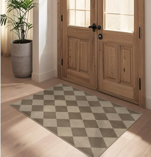 Easy Jute Checkered Entryway Rug, 2.6x4 Brown Modern Indoor Outdoor Doormat, Washable Non-Slip Neutral Kitchen Rug Farmhouse Diamond Throw Rugs for Entrance Bedroom Bathroom