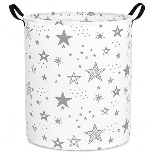 Image of ACMUUNI Collapsible Kids Laundry Basket Clothes Hamper, Foldable Storage Organizer Bin, Toy Clothes Storage with Handles for Boys Girls Bedroom, Room Decor Grey Star