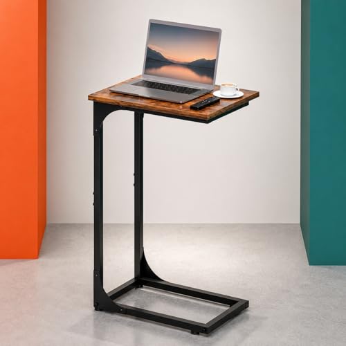 RISWER C-Shaped Side Table for Couch - Small Coffee Stand Sofa Tray Desk with Metal Frame and Waterproof Scratch Resistant, Modern End Accent for Living Room, Bedroom, Small Spaces, Rustic Brown