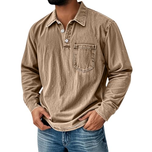 Camisa Polo Denim para Hombre Vintage Manga Larga con Cuello Botones y Bolsillos