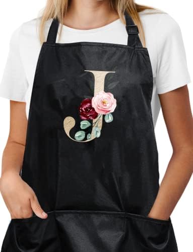 Initial Black Apron for Women with Pockets, Kitchen Cooking Gardening Cute Apron Gifts for Her, Chef, Mom, Artists, Hair Stylists, Funny Gifts for Women, Friends, Sisters, Grandma - J